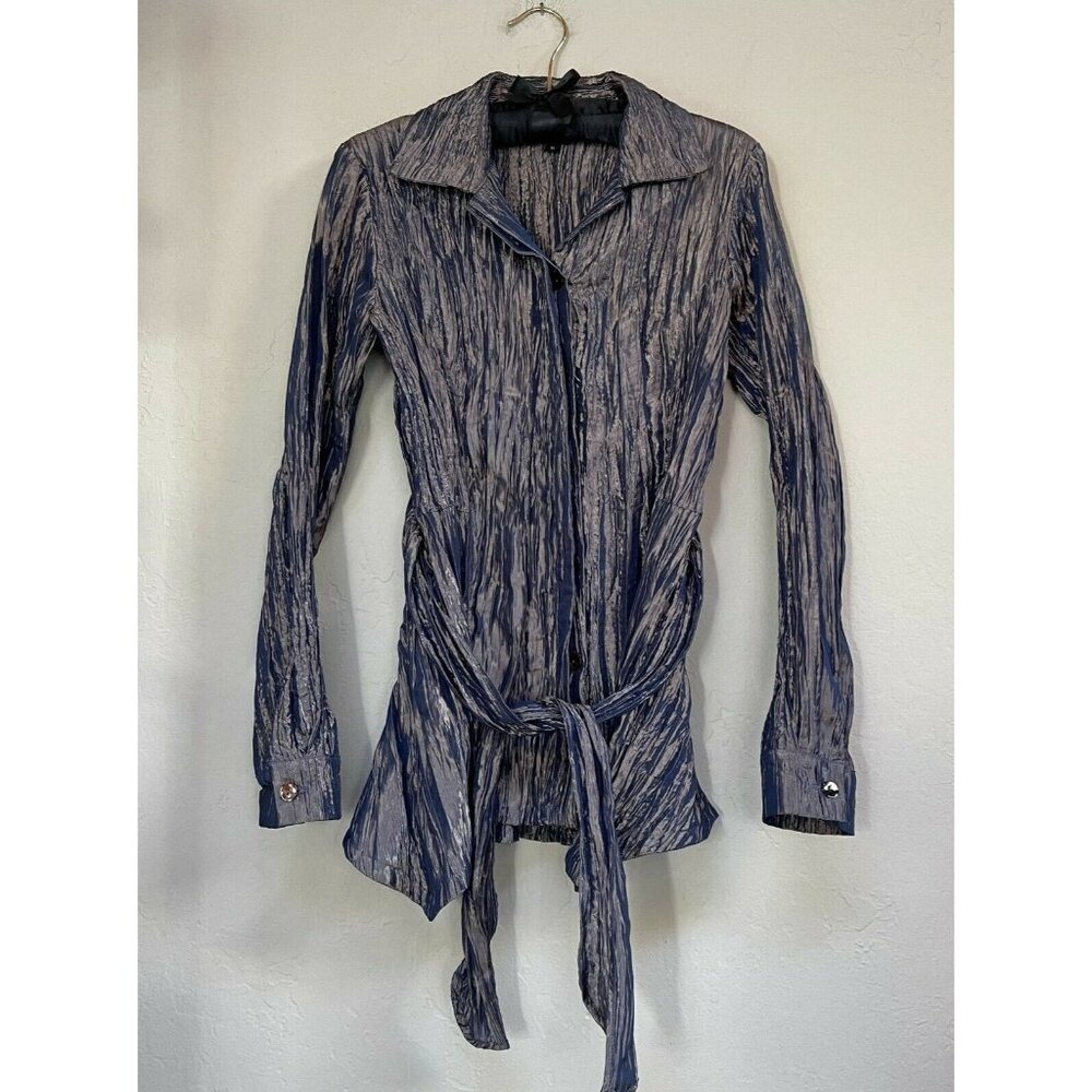 Staples Women's Small Metallic Bronze Crimped  Tie-Waist Blouse Top Long Sleeve